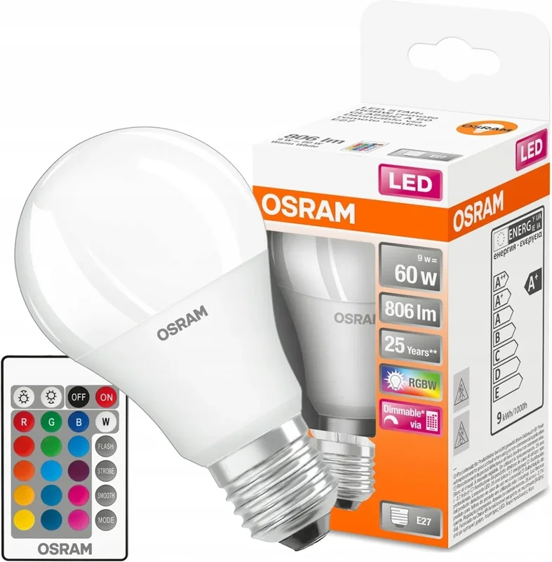 LEDVANCE OSRAM LED Superstar Classic A 60 RGBW z pilotem, ściemnialna, 9.4W, 827, matowa, E27