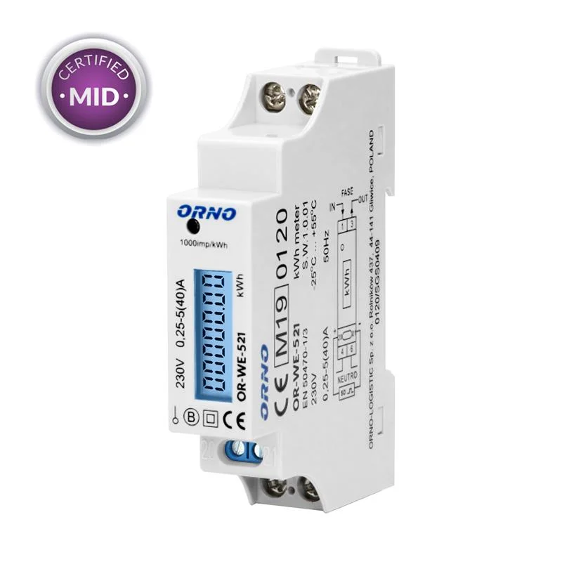 Licznik energii elektrycznej 1-fazowy 40A MID wyjście impulsowe 1 moduł DIN TH-35mm OR-WE-521