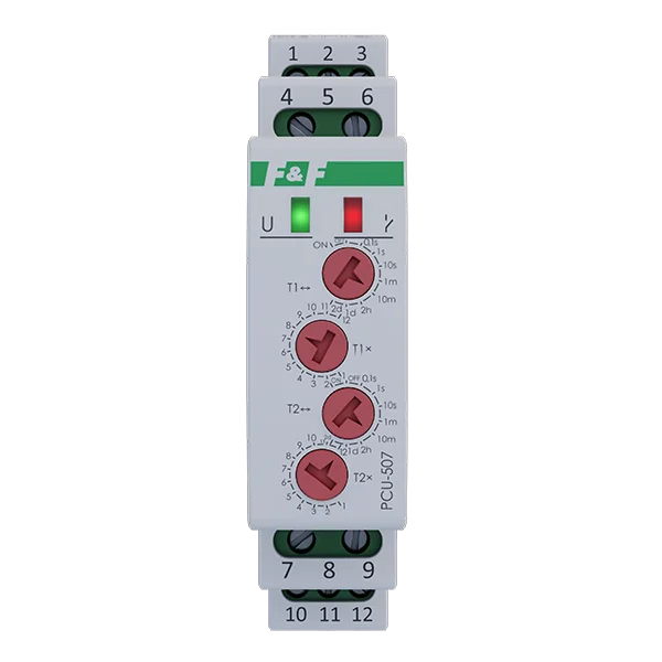 F&F Przekaźnik czasowy PCU-507 2P 2x8A 230V AC 0,1s-576h 2-funkcyjny nastawa 2 czasów T1 T2