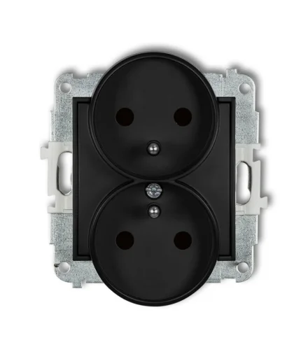 Karlik MINI Mechanizm gniazda podwójnego z uziemieniem 2x(2P+Z) z przesłonami czarny mat