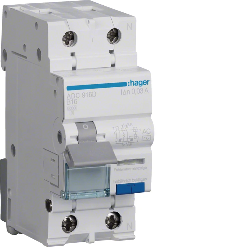 Hager ADC916D wyłącznik różnicowo-nadprądowy RCBO 1P+N 6kA B 16A/30mA typ AC